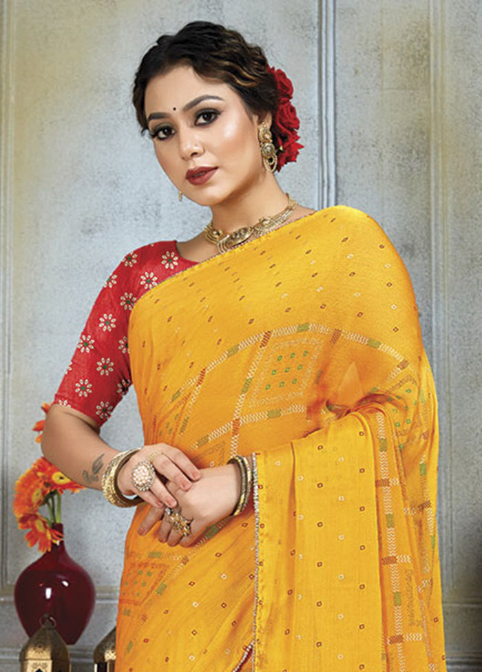 Yellow Chiffon Silk Saree With Blouse Piece