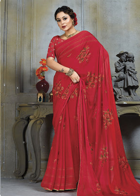 Red Chiffon Silk Saree With Blouse Piece