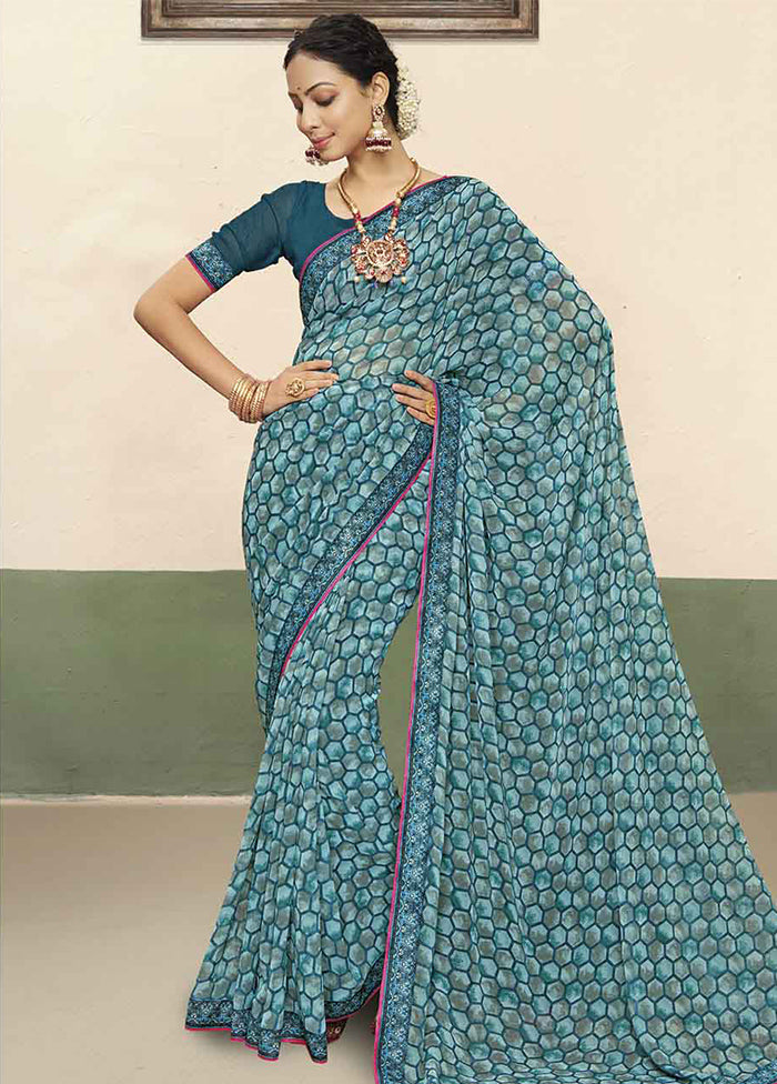 Teal Georgette Saree With Blouse Piece