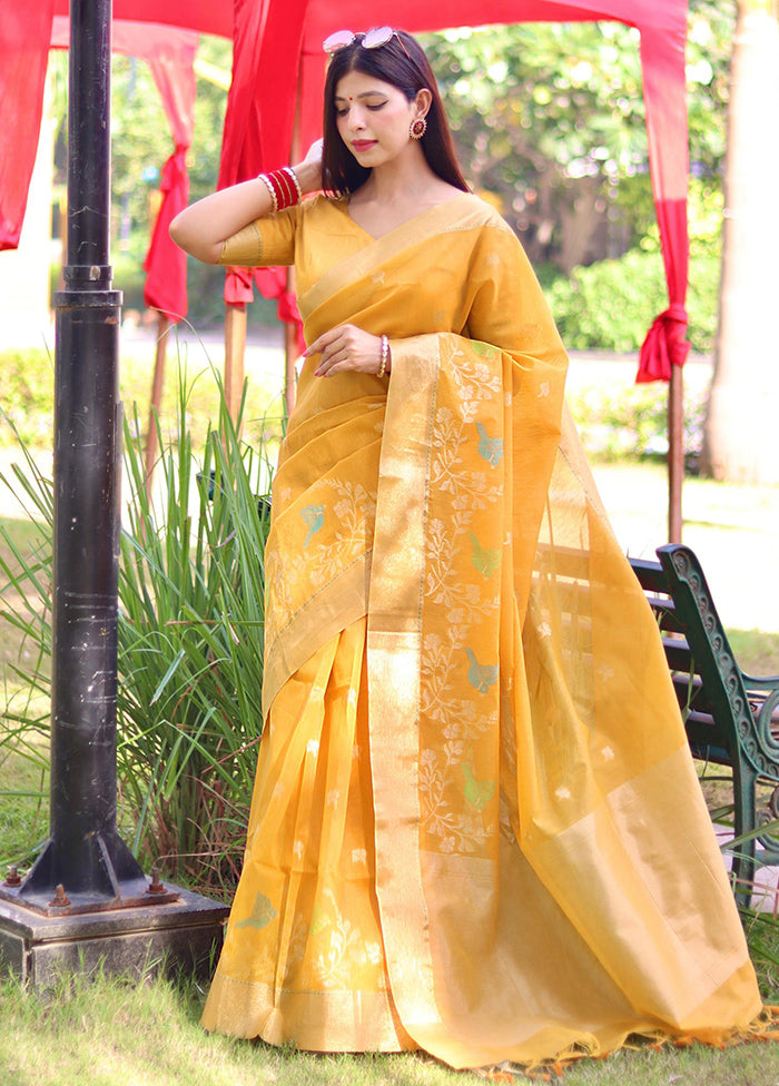 Yellow Dupion Silk Saree With Blouse Piece