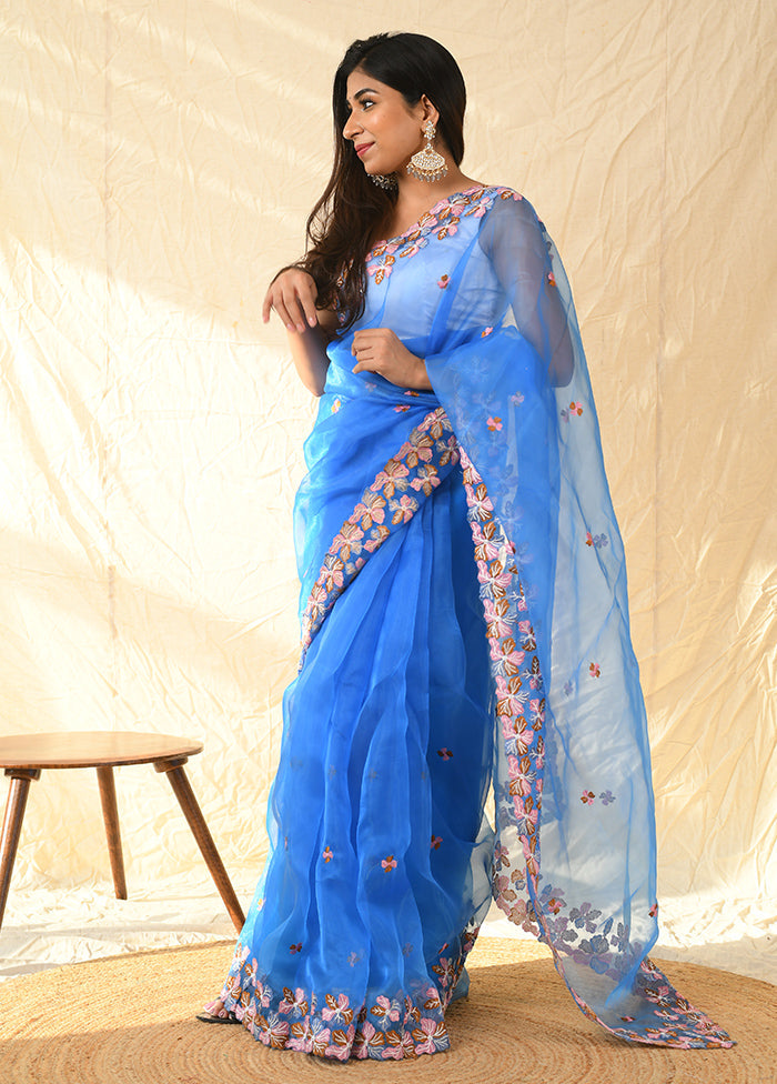 Blue Organza Saree With Blouse Piece