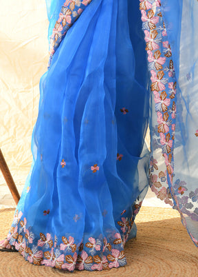 Blue Organza Saree With Blouse Piece