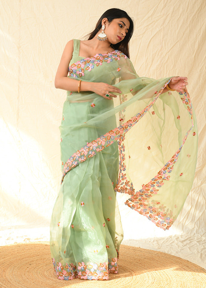 Pista Green Organza Saree With Blouse Piece