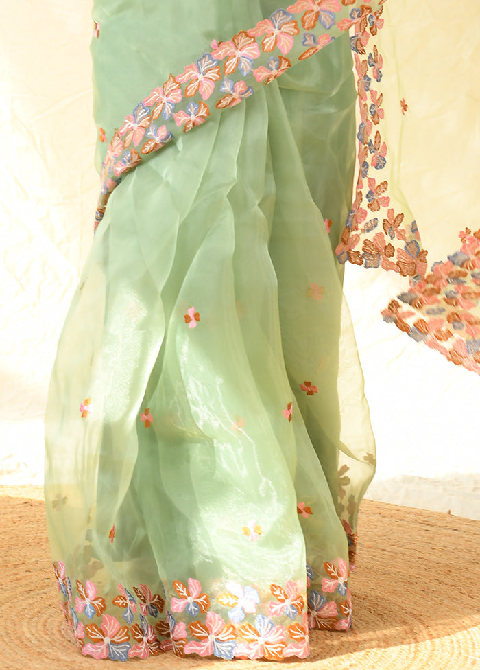 Pista Green Organza Saree With Blouse Piece