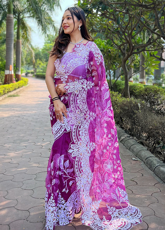 Purple Organza Saree With Blouse Piece