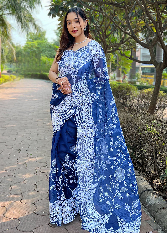 Blue Organza Saree With Blouse Piece