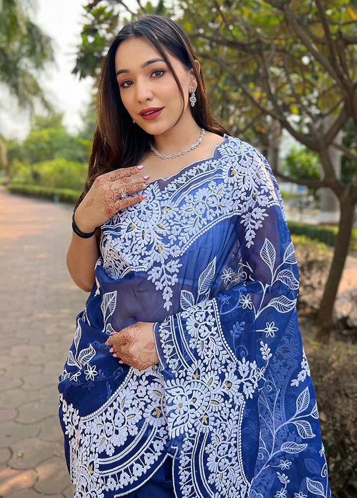 Blue Organza Saree With Blouse Piece