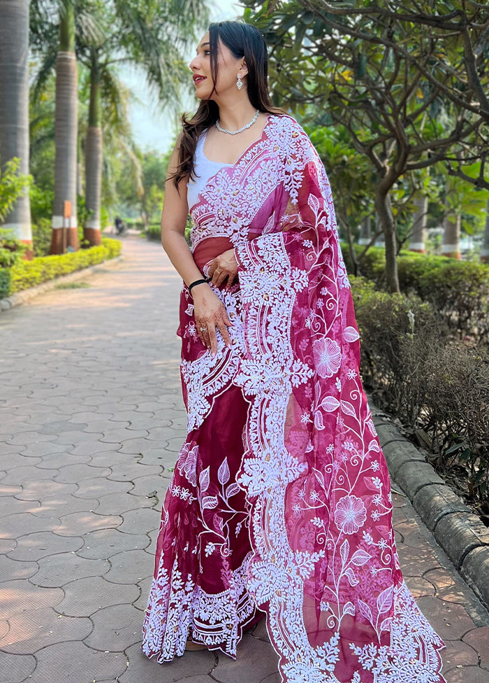 Maroon Organza Saree With Blouse Piece