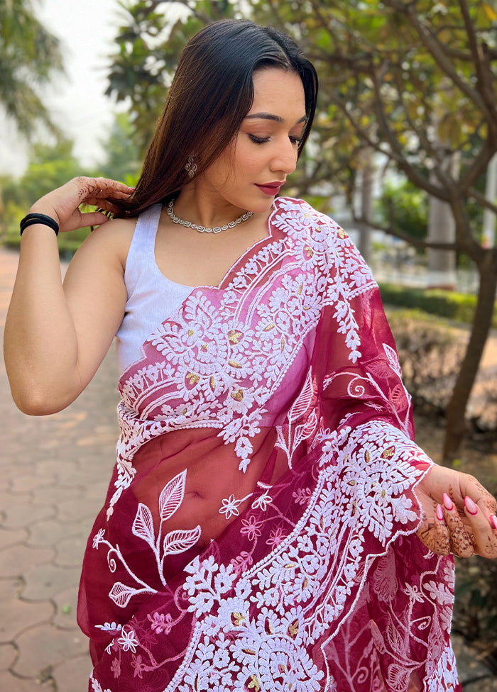 Maroon Organza Saree With Blouse Piece