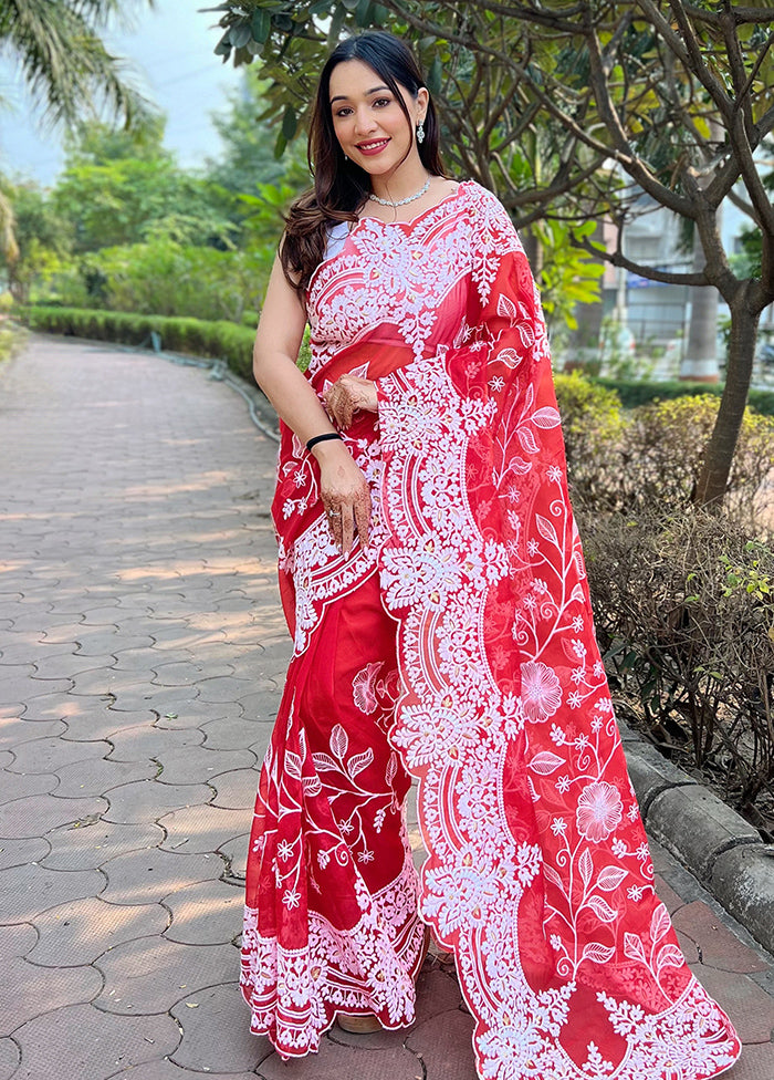 Red Organza Saree With Blouse Piece