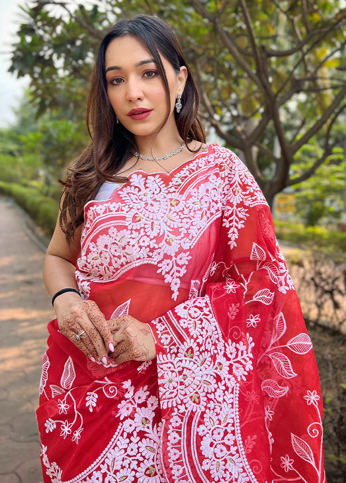 Red Organza Saree With Blouse Piece