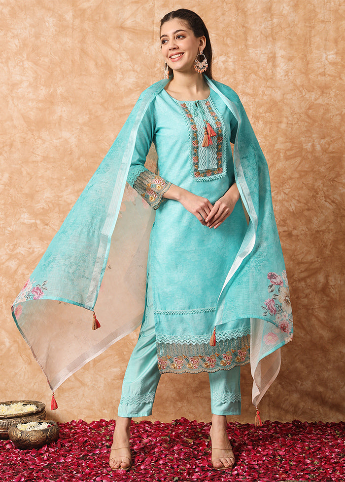 3 Pc Sky Blue Readymade Cotton Suit Set