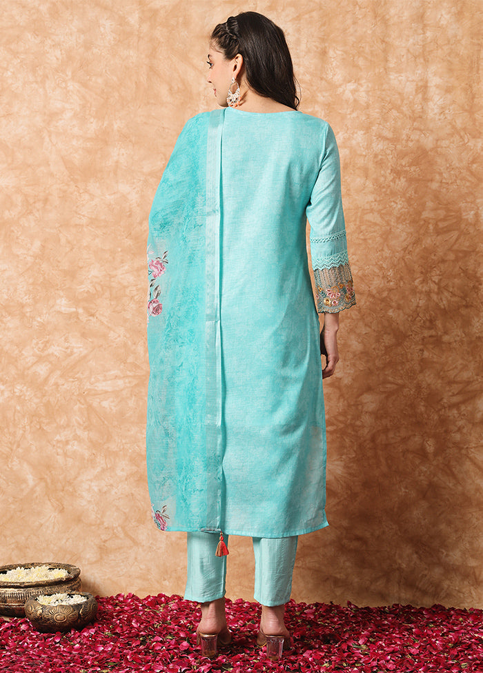 3 Pc Sky Blue Readymade Cotton Suit Set