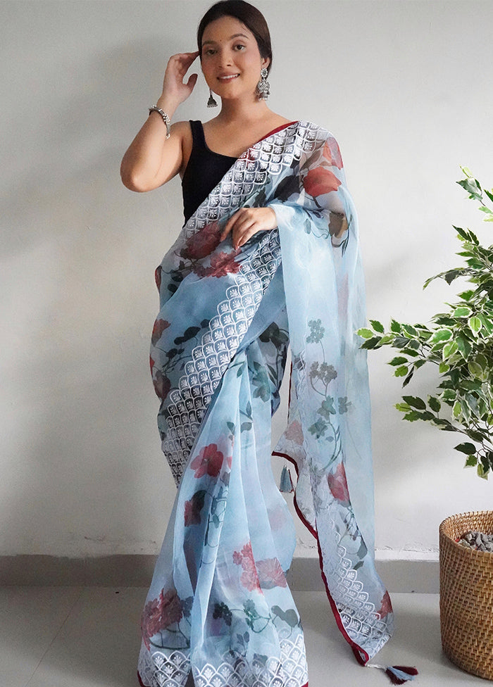 Sky Blue Organza Saree With Blouse Piece