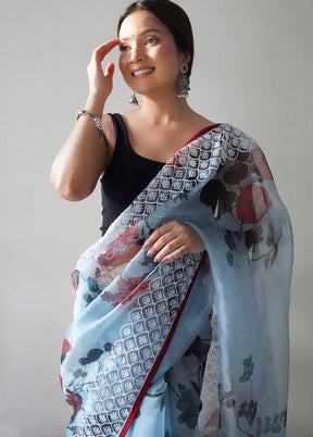 Sky Blue Organza Saree With Blouse Piece