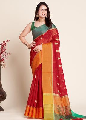 Red Dupion Silk Saree With Blouse Piece