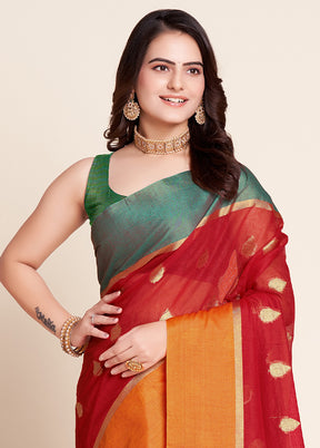 Red Dupion Silk Saree With Blouse Piece