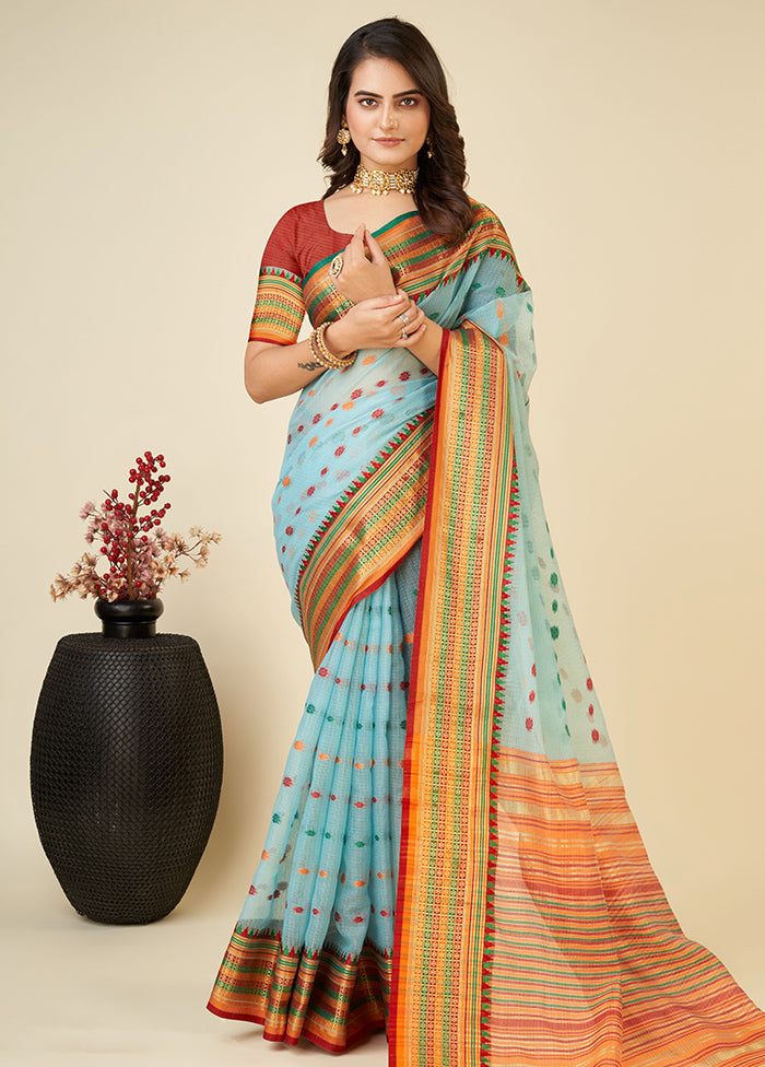 Sky Blue Dupion Silk Saree With Blouse Piece