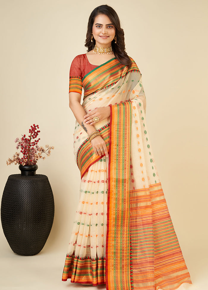 Cream Dupion Silk Saree With Blouse Piece