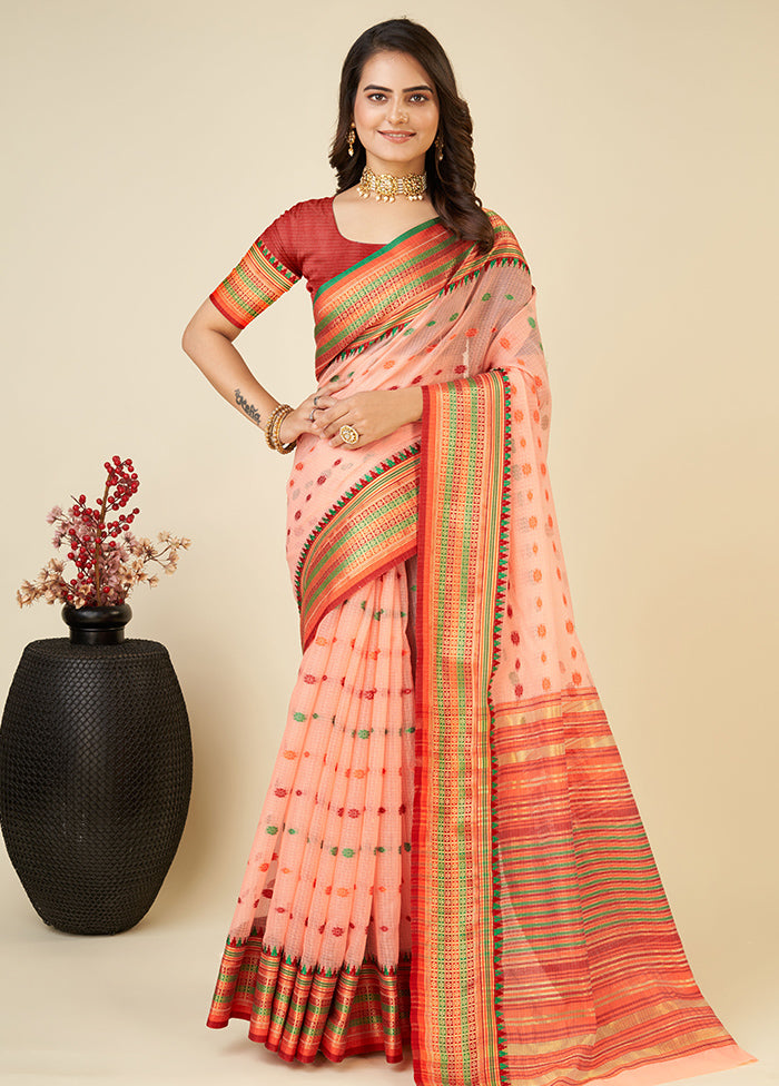 Peach Dupion Silk Saree With Blouse Piece