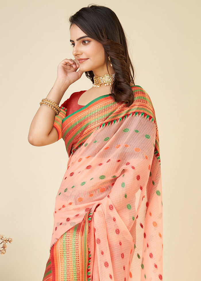 Peach Dupion Silk Saree With Blouse Piece