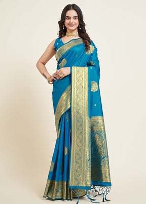 Blue Dupion Silk Saree With Blouse Piece