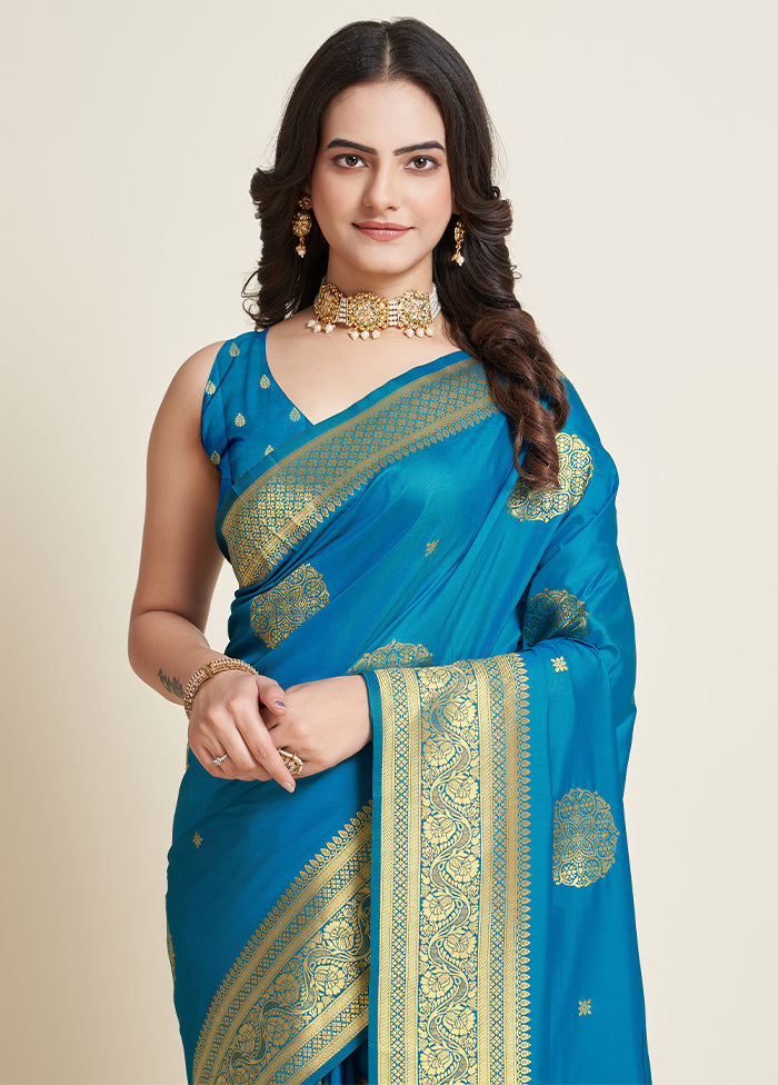 Blue Dupion Silk Saree With Blouse Piece