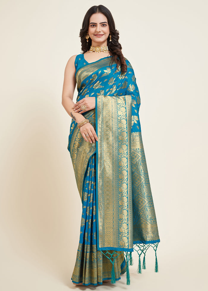 Blue Dupion Silk Saree With Blouse Piece