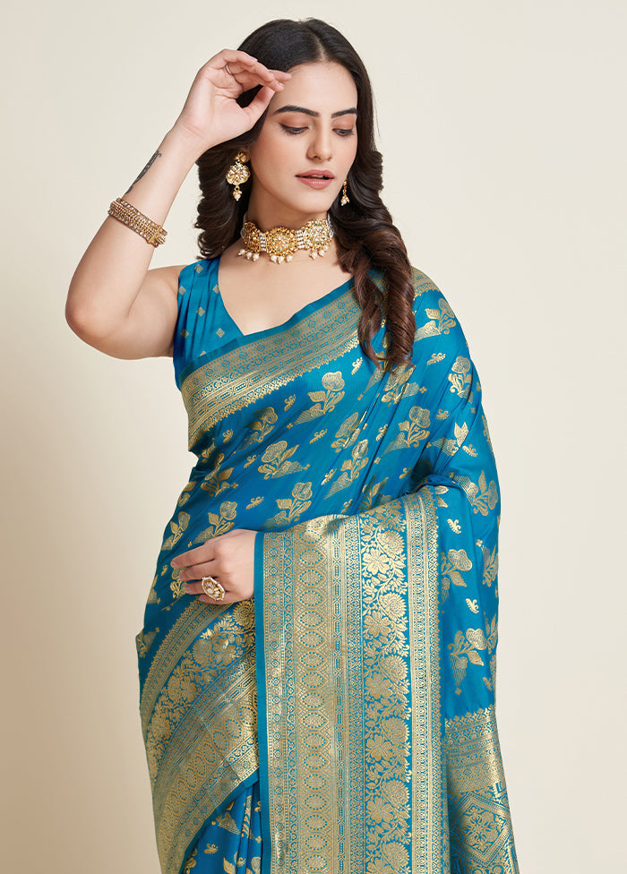 Blue Dupion Silk Saree With Blouse Piece