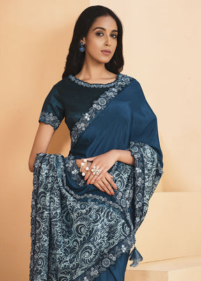 Teal Dupion Silk Saree With Blouse Piece