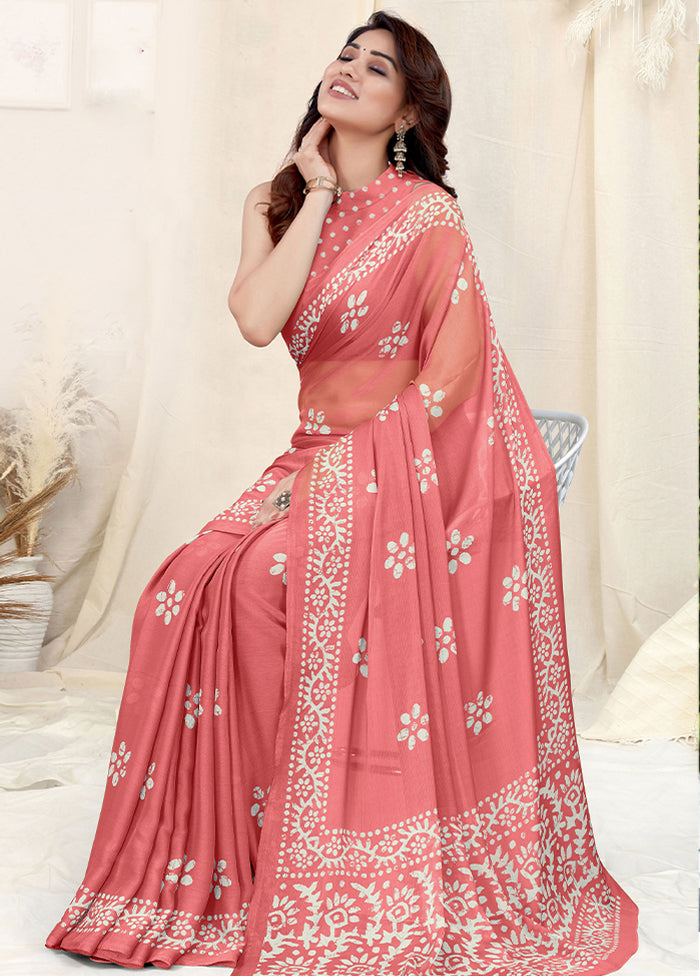 Peach Chiffon Silk Saree With Blouse Piece