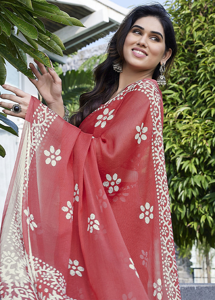 Peach Chiffon Silk Saree With Blouse Piece