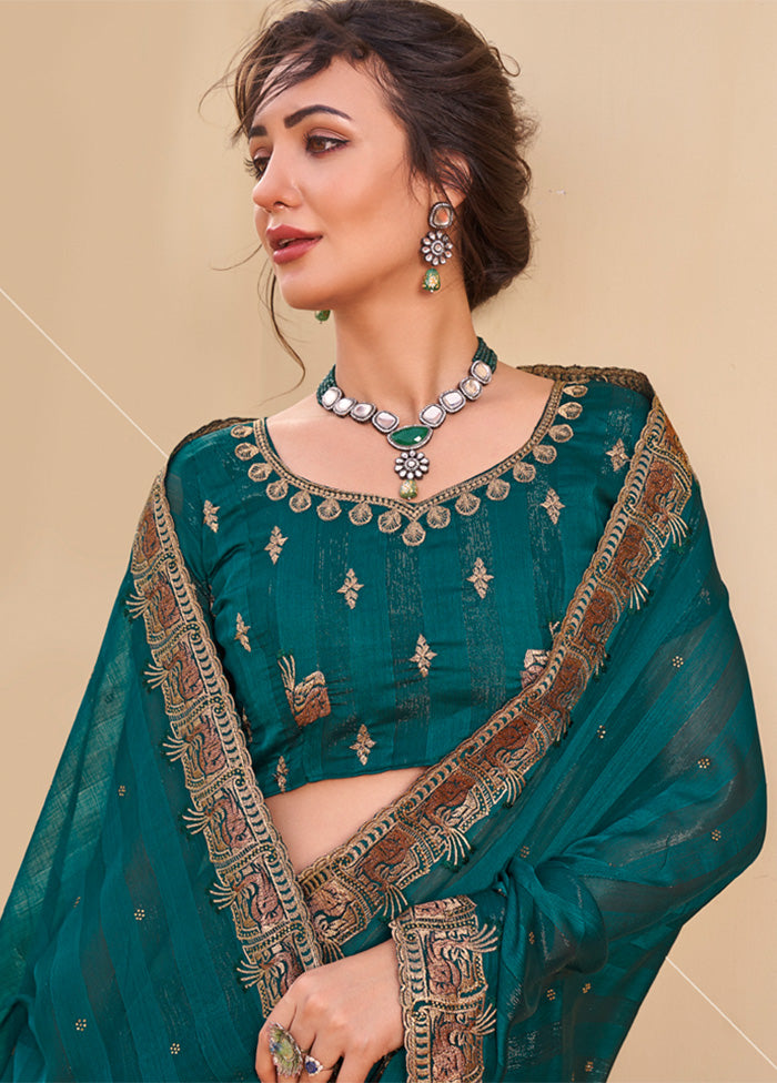 Teal Blue Dupion Silk Saree With Blouse Piece