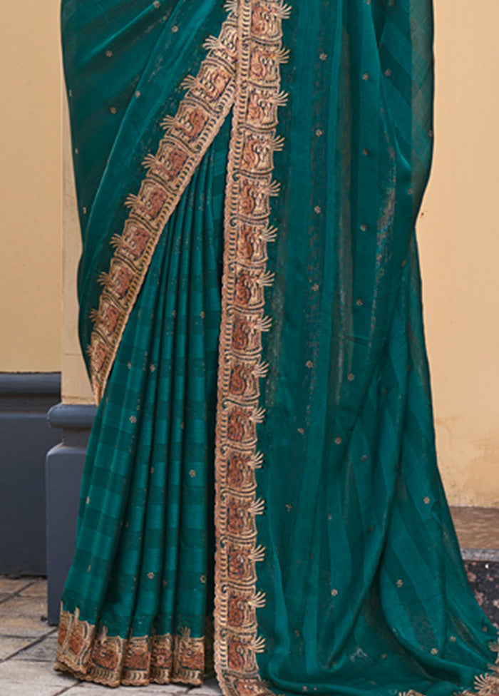 Teal Blue Dupion Silk Saree With Blouse Piece