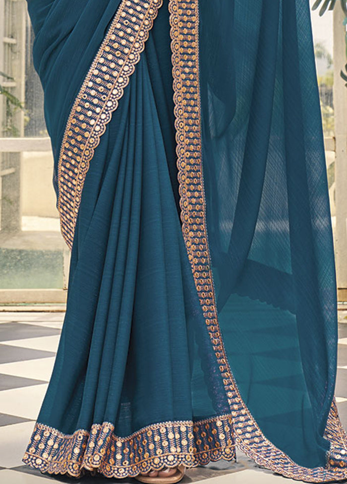 Teal Blue Silk Saree With Blouse Piece