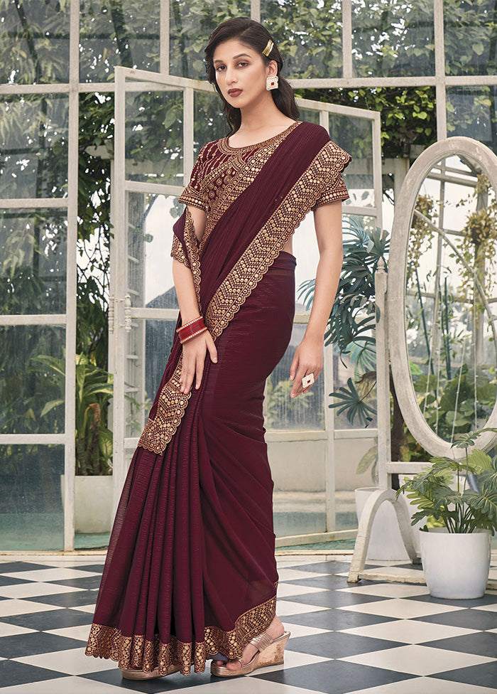 Wine Silk Saree With Blouse Piece