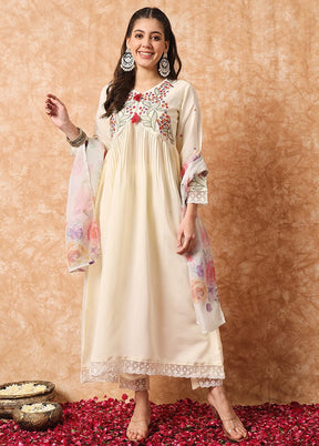 3 Pc Cream Readymade Viscose Suit Set