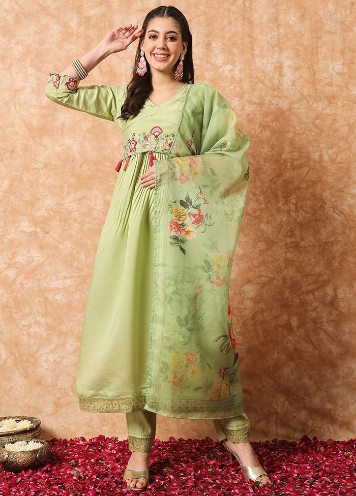 3 Pc Pista Green Readymade Viscose Suit Set