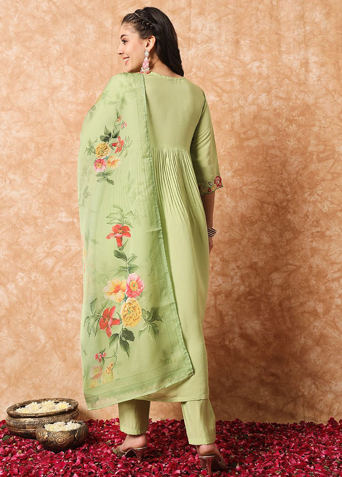 3 Pc Pista Green Readymade Viscose Suit Set