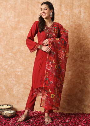 3 Pc Maroon Readymade Viscose Suit Set