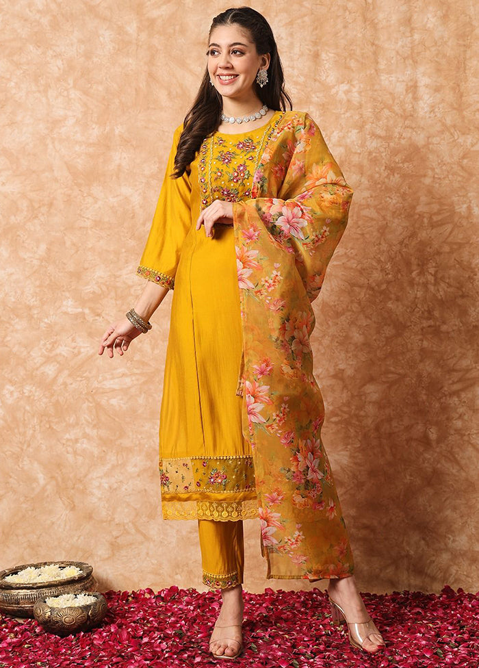 3 Pc Mustard Readymade Viscose Suit Set