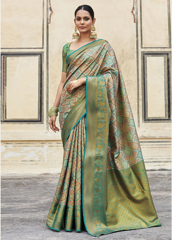 Teal Blue Dupion Silk Saree With Blouse Piece