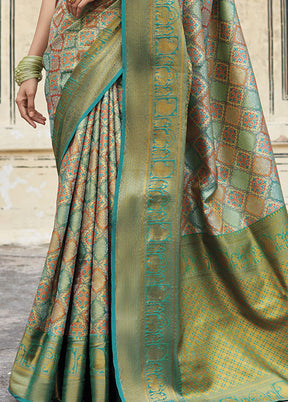 Teal Blue Dupion Silk Saree With Blouse Piece