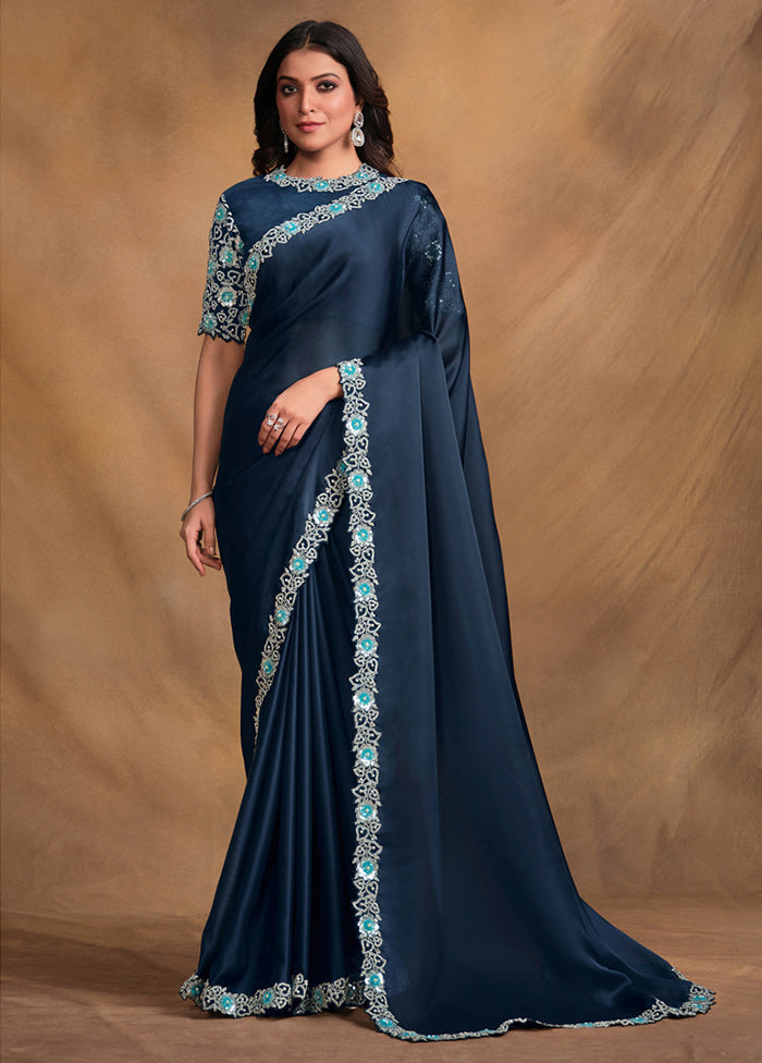 Navy Blue Georgette Saree With Blouse Piece