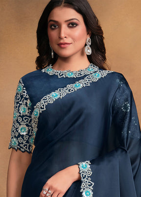 Navy Blue Georgette Saree With Blouse Piece