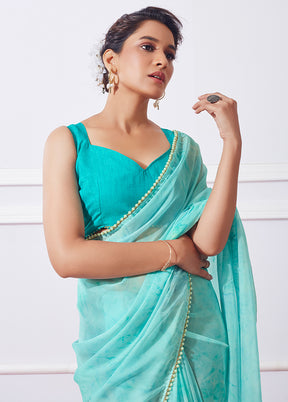 Sea Green Organza Saree With Blouse Piece