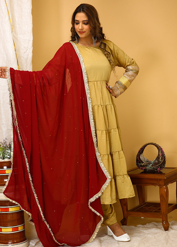 3 Pc Beige Readymade Silk Suit Set