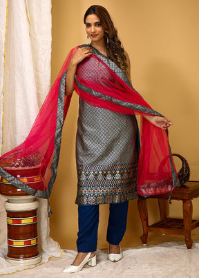 3 Pc Blue Readymade Silk Suit Set