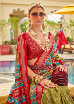 Olive Green Dupion Silk Saree With Blouse Piece