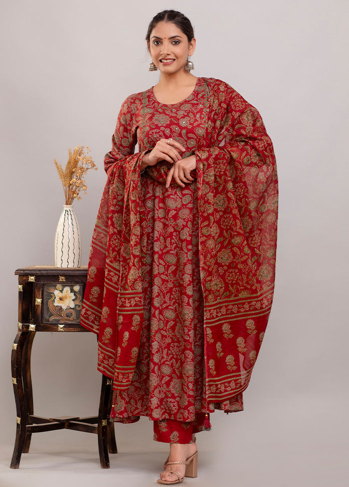 3 Pc Maroon Readymade Rayon Suit Set